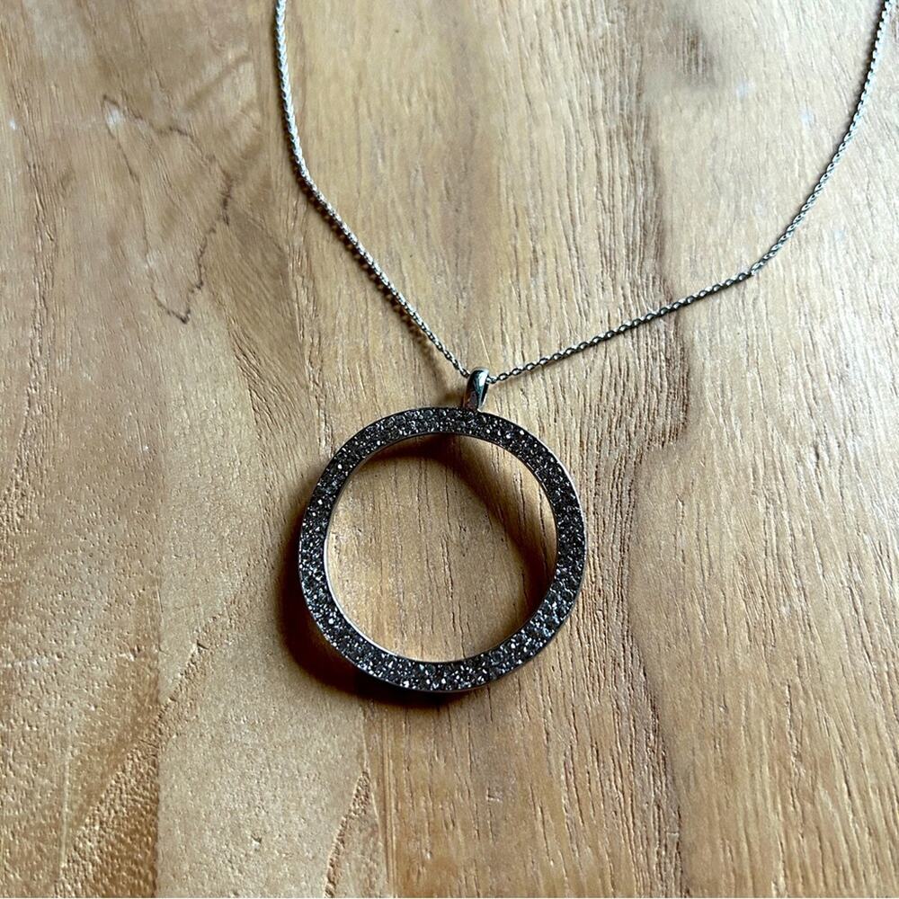 LOFT Silver Rhinestone Circle Pendant Delicate Chain Long Necklace 18.5" Long